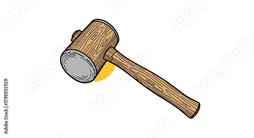 A wooden mallet with a striking surface made of rubber or metal and a handle made of wood rests against a yellow circular object.