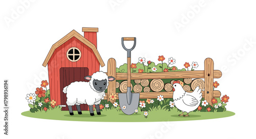 A cheerful farm scene with a sheep and chicken.