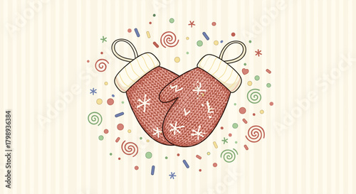 Cozy knitted mittens with festive confetti and swirls suggesting winter warmth and celebration.