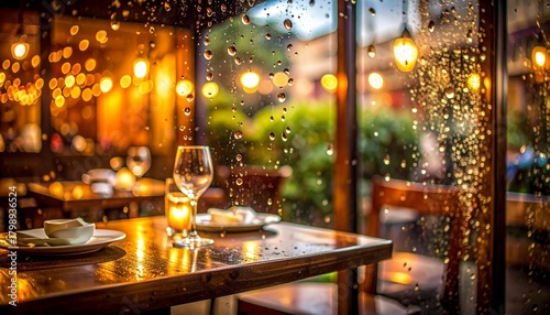Cozy Restaurant Interior Seen Through Rainy Window with Warm Lights