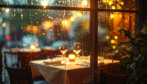 Cozy Restaurant Interior Seen Through Rainy Window with Warm Lights