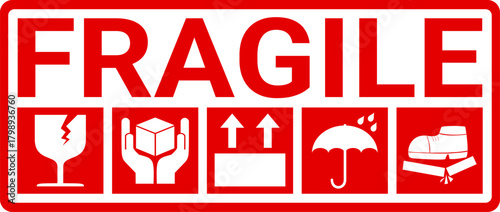 sticker fragile handle with care, red and white fragile warning label, fragile label with broken glass symbol, vector asset. warning sign for delivery package.