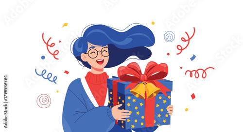 A happy woman wearing glasses holding a large gift box tied with a big red bow. She is surrounded by confetti and streamers indicating a celebration, perhaps a birthday party or special occasion.