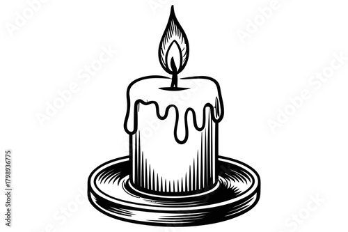 Illustration of a burning candle with dripping wax on a decorative candle holder in black and white style