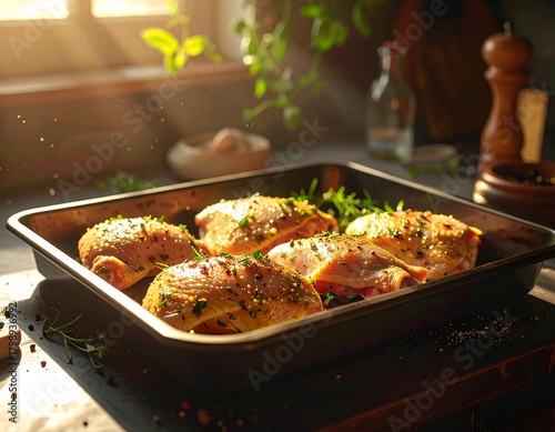 Raw Chicken Marinated with Herbs and Oil Ready for Cooking