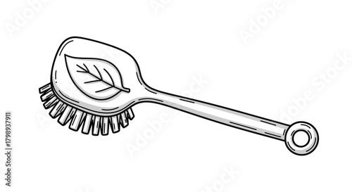 An illustrated drawing of a handheld cleaning brush with a leaf emblem on its head and a hole at the end of its handle.