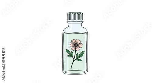 A clear bottle with a light pink flower and green leaves on the label.