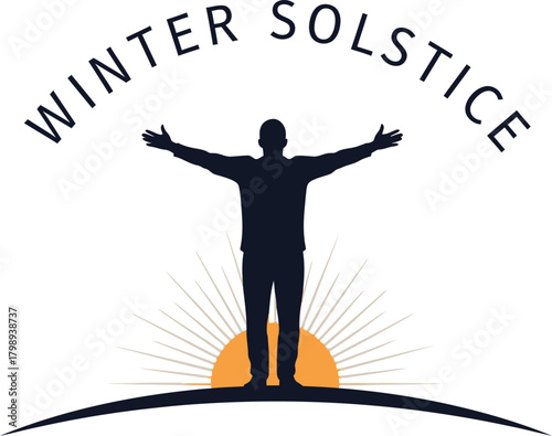 Silhouette of a person with arms raised standing on a hill facing the sun, celebrating the winter solstice