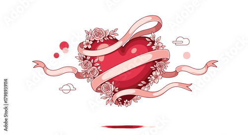 A beautifully decorated heart with ribbons and floral elements symbolizing love and romance.