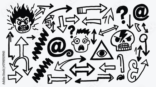 Doodle Abstract Design with Arrows Skulls Faces and Email Symbols