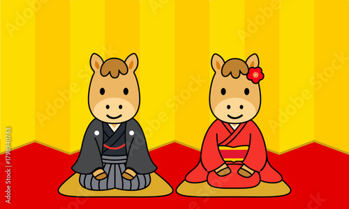 金屏の前で着物を着て正座する馬の可愛いイラスト素材（干支・お正月・和装・祝い）