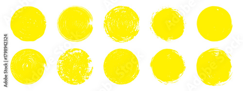 Collection of yellow brush sun rough circles. Grunge hand drawn circular stamps. Abstract crayon elements