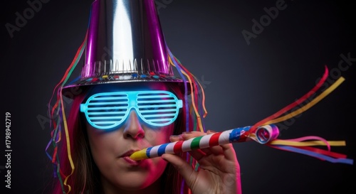 Upbeat celebration with a fun woman in glowing party gear blowing a colorful noisemaker