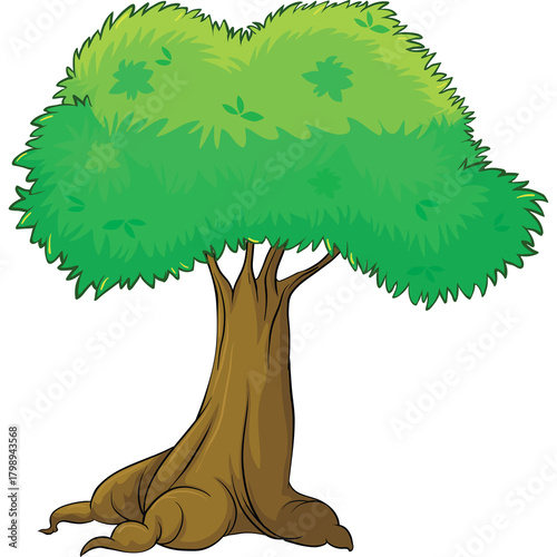 Illustration of a large green deciduous tree with a thick brown trunk and sprawling roots against a white background