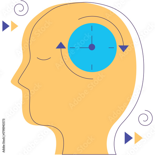 Illustration of a human head silhouette with a blue clock inside the brain representing thought process and time management concept