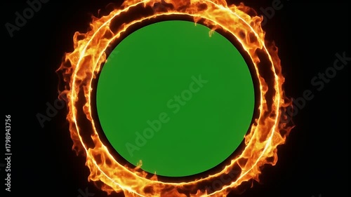 Dynamic ring of fire with a central green screen circle for chroma key compositing, creating a portal or frame effect on a black background