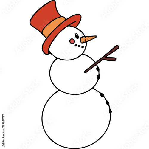 Illustration Of A Cartoon Snowman With A Red Top Hat And Stick Arms On A White Background