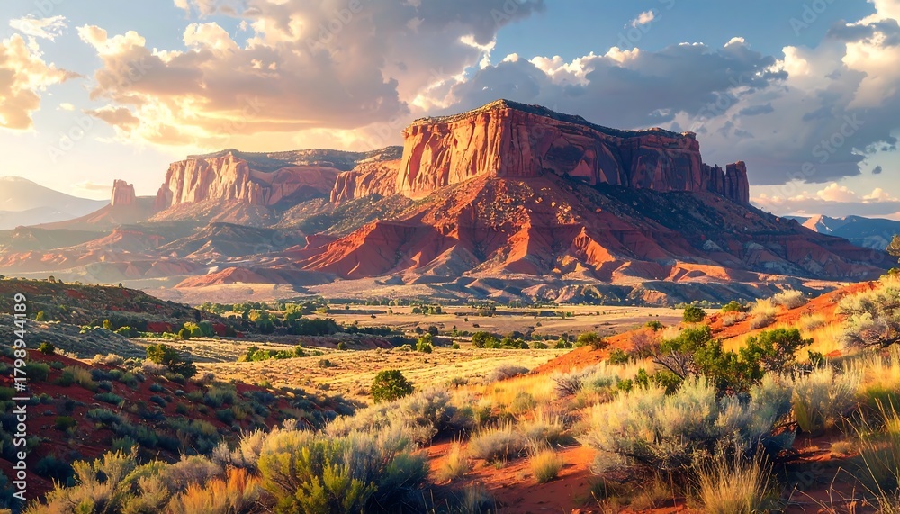 Fototapeta premium Majestic view of layered sandstone cliffs and desert landscape