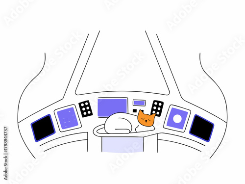 A ginger cat is sleeping on the control panel of a spaceship. icon
