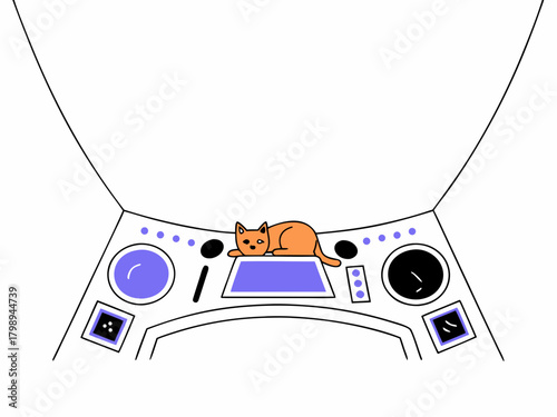 A ginger cat is sleeping on the control panel of a spaceship. icon
