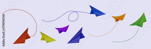 Paper plane icons designed in vector format. This collection includes various paper plane styles—flying, tilted, dotted trail versions, and communication-themed icons.