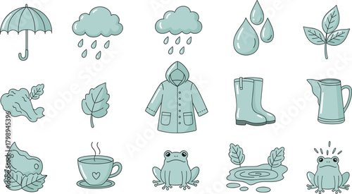 Hand-Drawn Rainy Season Icons: Cute Monsoon, Umbrella & Weather Doodle Vector Set