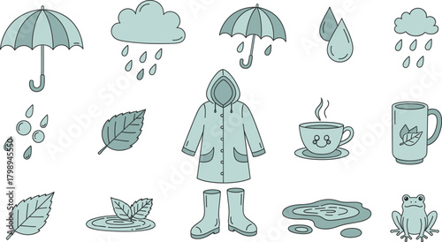 Hand-Drawn Rainy Season Icons: Cute Monsoon, Umbrella & Weather Doodle Vector Set