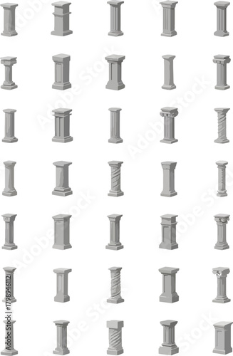 Set of 40 Architectural Column Designs in Stone Texture on White Background