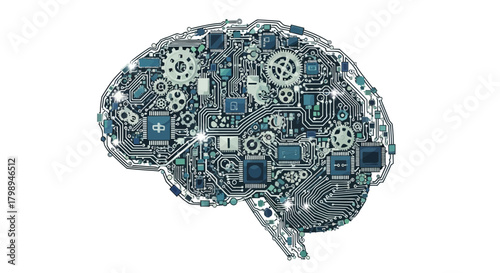 Abstract representation of a human brain composed of intricate electronic circuit board components and gears symbolizing artificial intelligence and technology