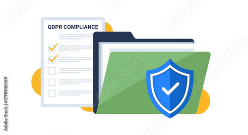 Gdpr compliance checklist with a secure folder and shield icon representing data protection and privacy regulations