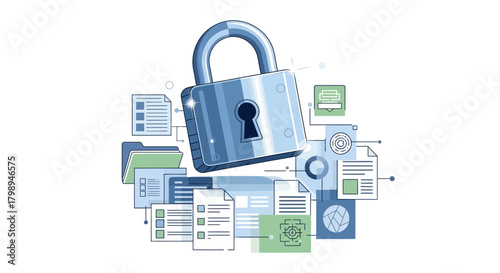 Digital security concept with a large padlock protecting important documents and data files on a white background