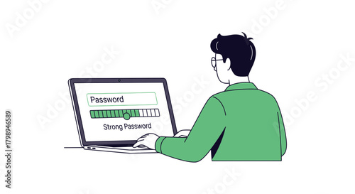 Man typing on a laptop creating a strong password with a progress bar indicating strength and security
