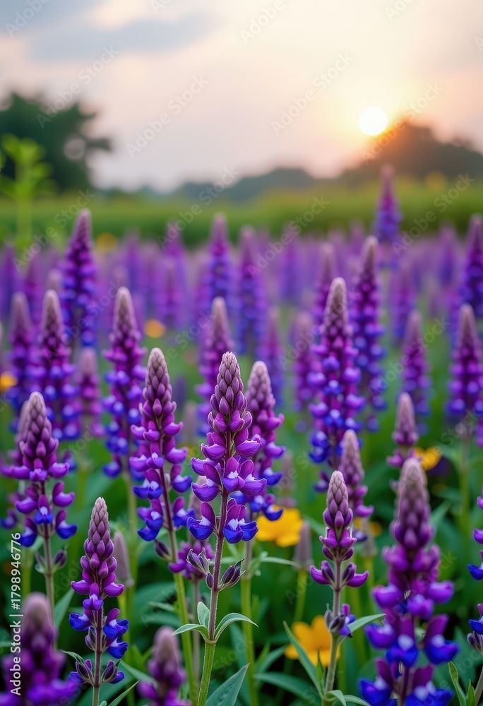 Obraz premium Vast field of vibrant purple salvia flowers under a summer sky, soft focus background, field, outdoor, growth