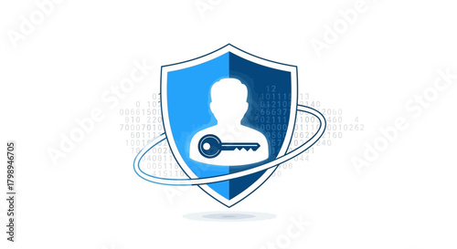 Digital security concept with a shield protecting a user profile icon and a key against a background of binary code