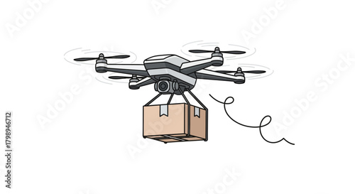 Modern drone delivering a cardboard package with a camera and propellers spinning against a white background