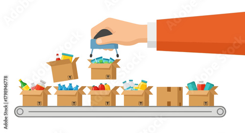 Hand packing products into cardboard boxes on a conveyor belt for shipping and logistics