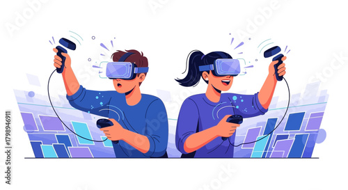 Excited young man and woman immersed in virtual reality gaming experience with headsets and controllers