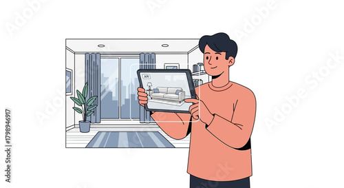 Man uses augmented reality tablet to visualize a sofa in his living room interior design