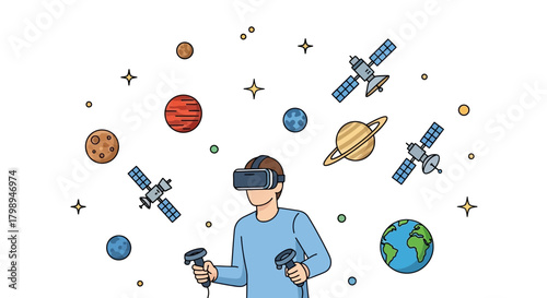 Person wearing virtual reality headset exploring planets satellites and stars in outer space simulation