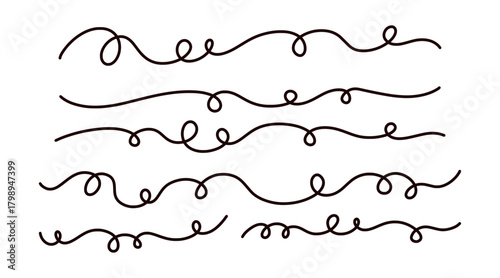 Hand drawn squiggle lines set, one line drawing. Simple, whimsical and minimalist vector elements for abstract, modern and trendy designs. Border lines with curls and loops, continuous wavy lines set.