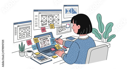 Young woman designer working on website wireframes and user interface design on her laptop and multiple screens