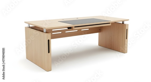 Black-and-white illustration of a modern workspace desk with a monitor, keyboard, mouse, drawers, and a small plant. Clean minimal style suitable for office, productivity, and technology themes.