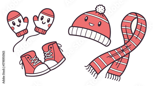Cute Winter Clothing Illustration with Smiling Mittens, Hat, Scarf, and Sneakers in Cartoon Style