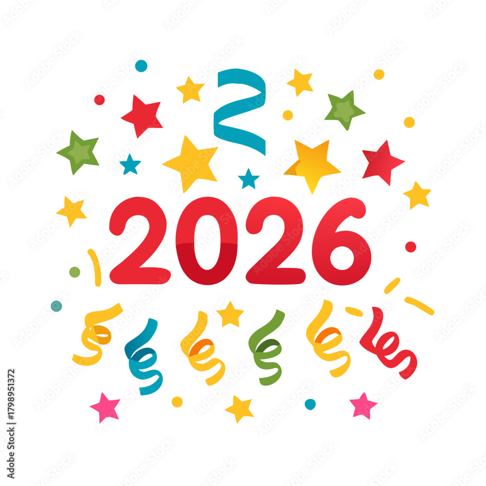 Obraz premium Bold 2026 Celebration Design with Colorful Stars, Streamers, and Confetti in Festive Style