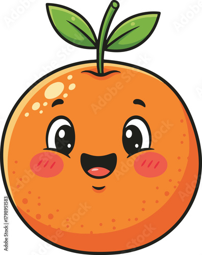 A happy, cartoon orange fruit with a smiling face, rosy cheeks, and green leaves on the stem.
