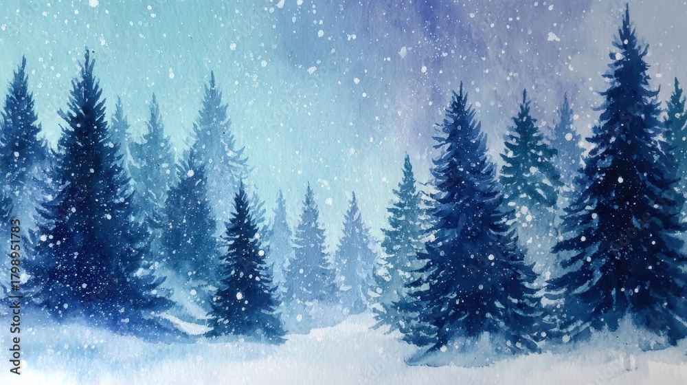Naklejka premium Winter wonderland scene with watercolour forest trees and falling snowflakes capturing the essence of a peaceful Christmas atmosphere