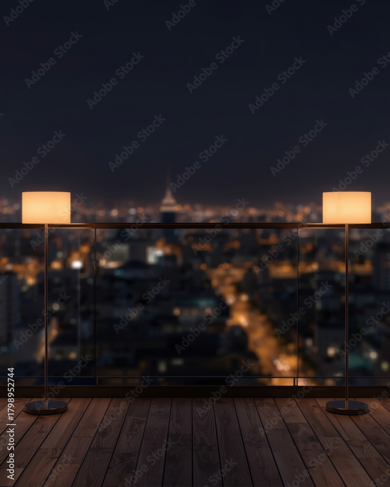 Obraz premium Elegant balcony with cityscape night view and modern floor lamps creating ambient lighting