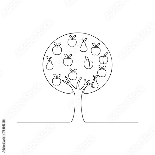 Apple tree with apples and pears isolated on in black line