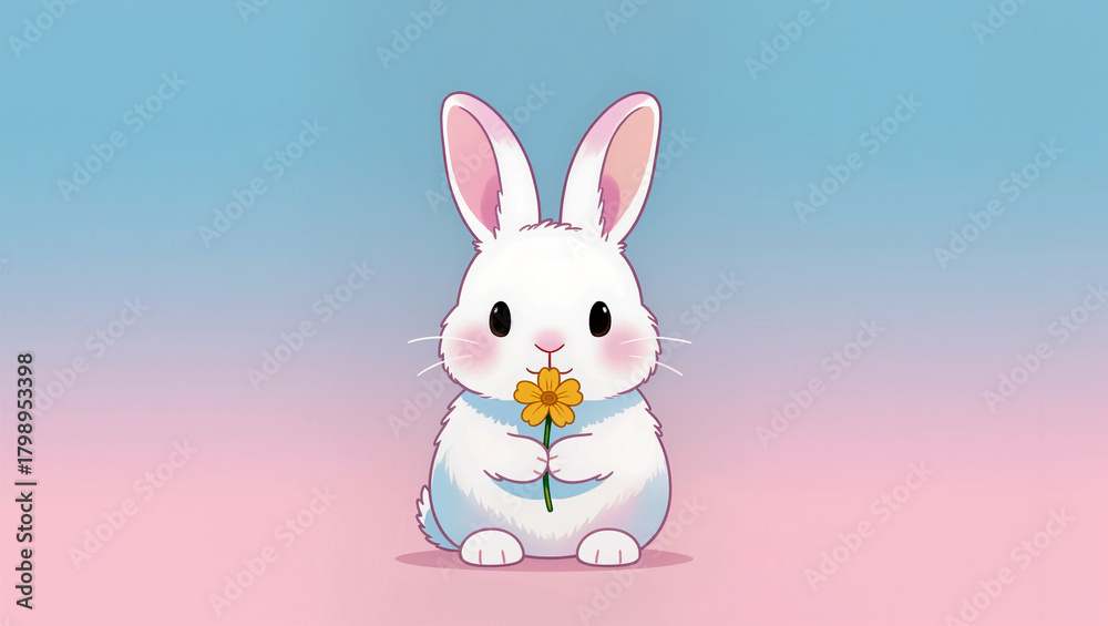 Fototapeta premium Cute bunny holding a flower in a soft pastel landscape