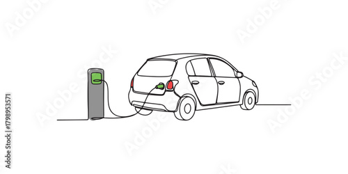 Minimalist line art illustration featuring a compact electric vehicle (EV) connected to a charging station. The design emphasizes sustainability, modern technology, and eco-friendly transportation